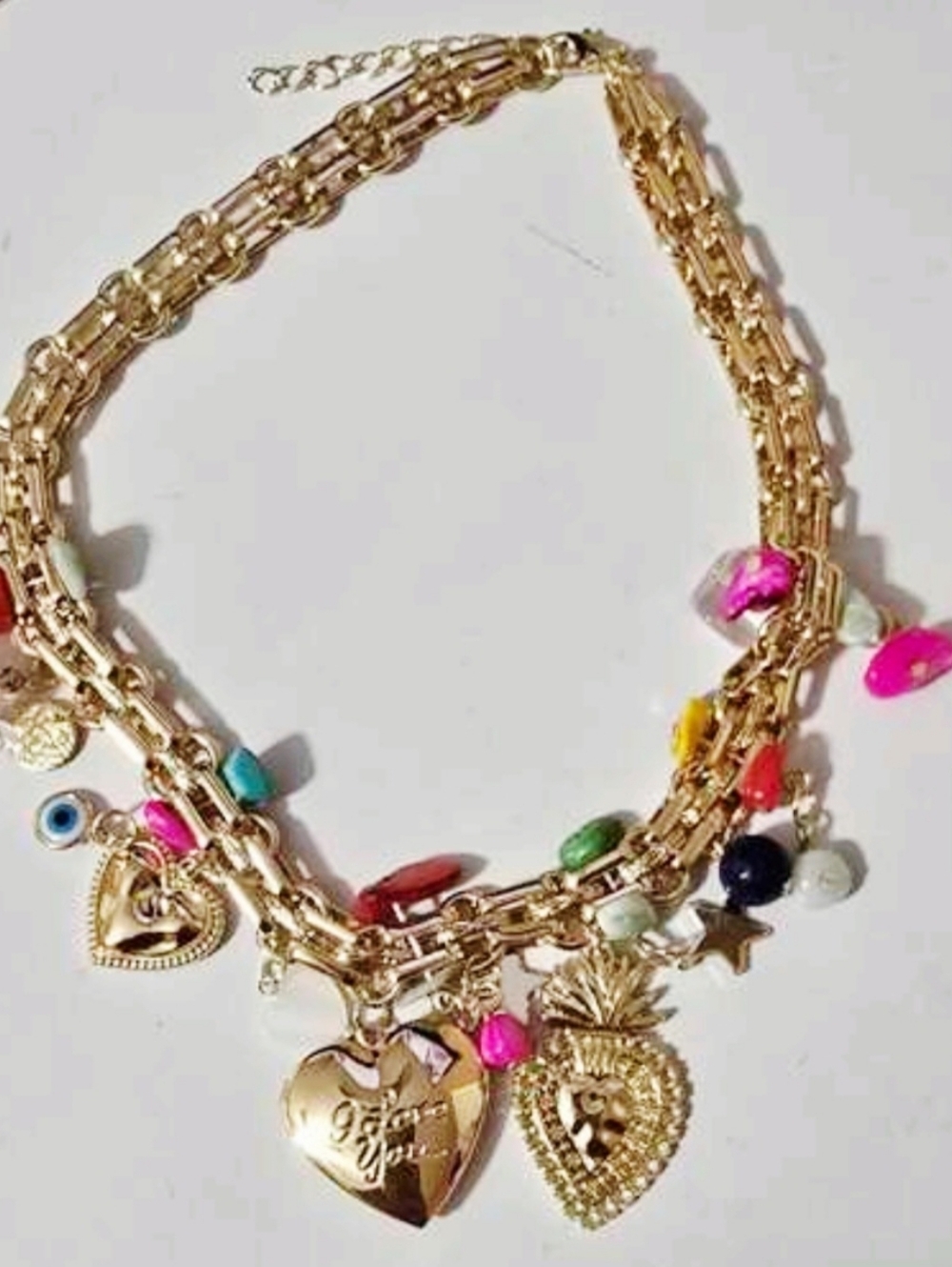 Gold Multi-Color Heart Charm Statement Necklace